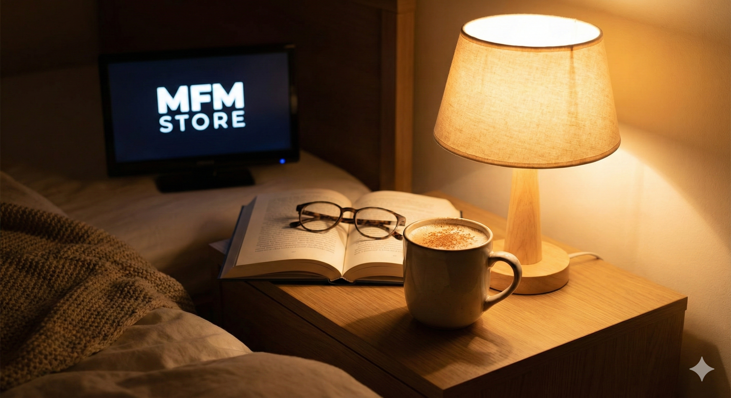 Book Protein Un libro con unos lentes encima y en la pantalla detrás que dice MFM Store, y un vaso de proteínas. No me cita de noche.