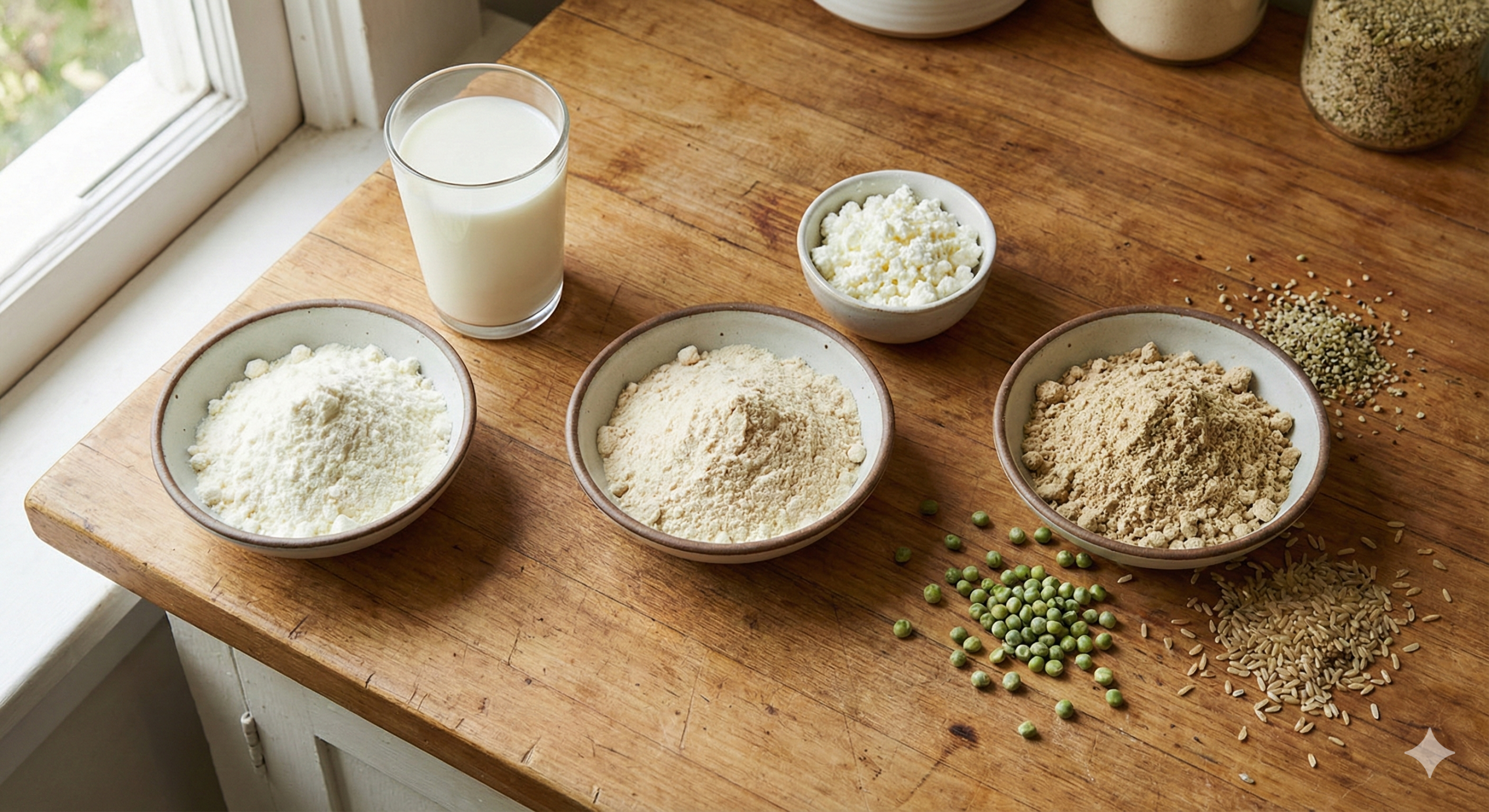 Platos Proteina Diferentes platos con proteínas en ellos: vegetal, gaseína y whey