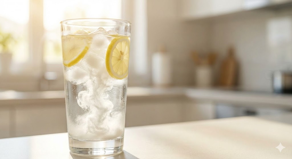 limon y creatina Vaso de agua con limón y creativo