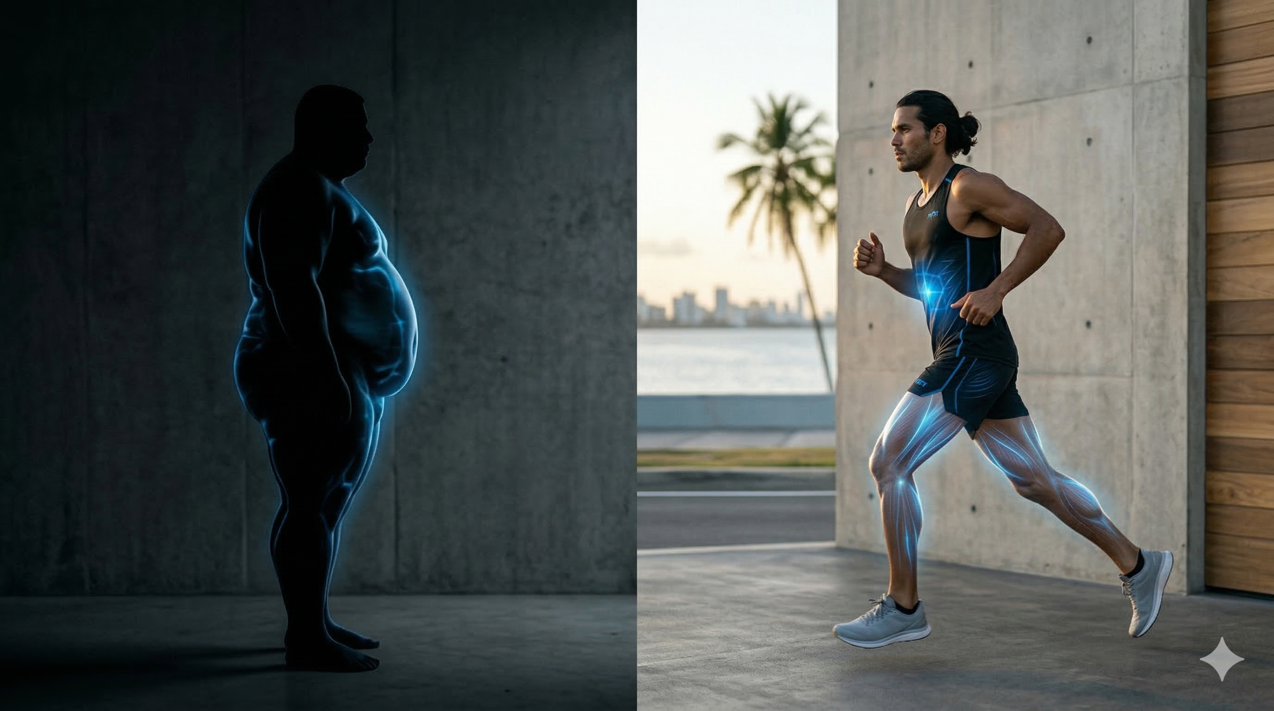 Obesidad y Creatina Un obeso frente a un corredor que ha usado creatina