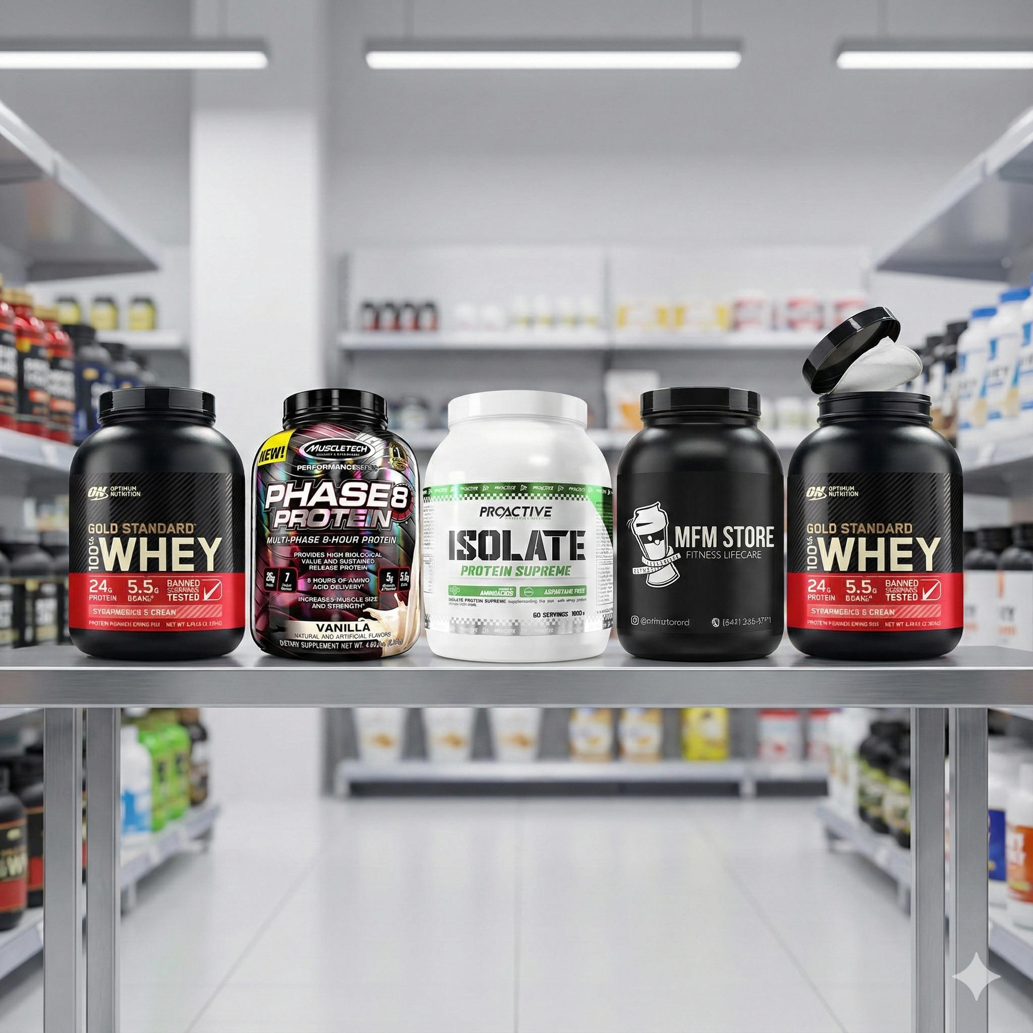 Cinco botes de proteína away de diferentes marcas.