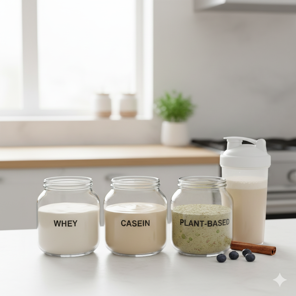 Tres vasos de proteína de cristal: - Uno con el nombre caseína - Uno con el nombre whey - Uno con el nombre vegetales