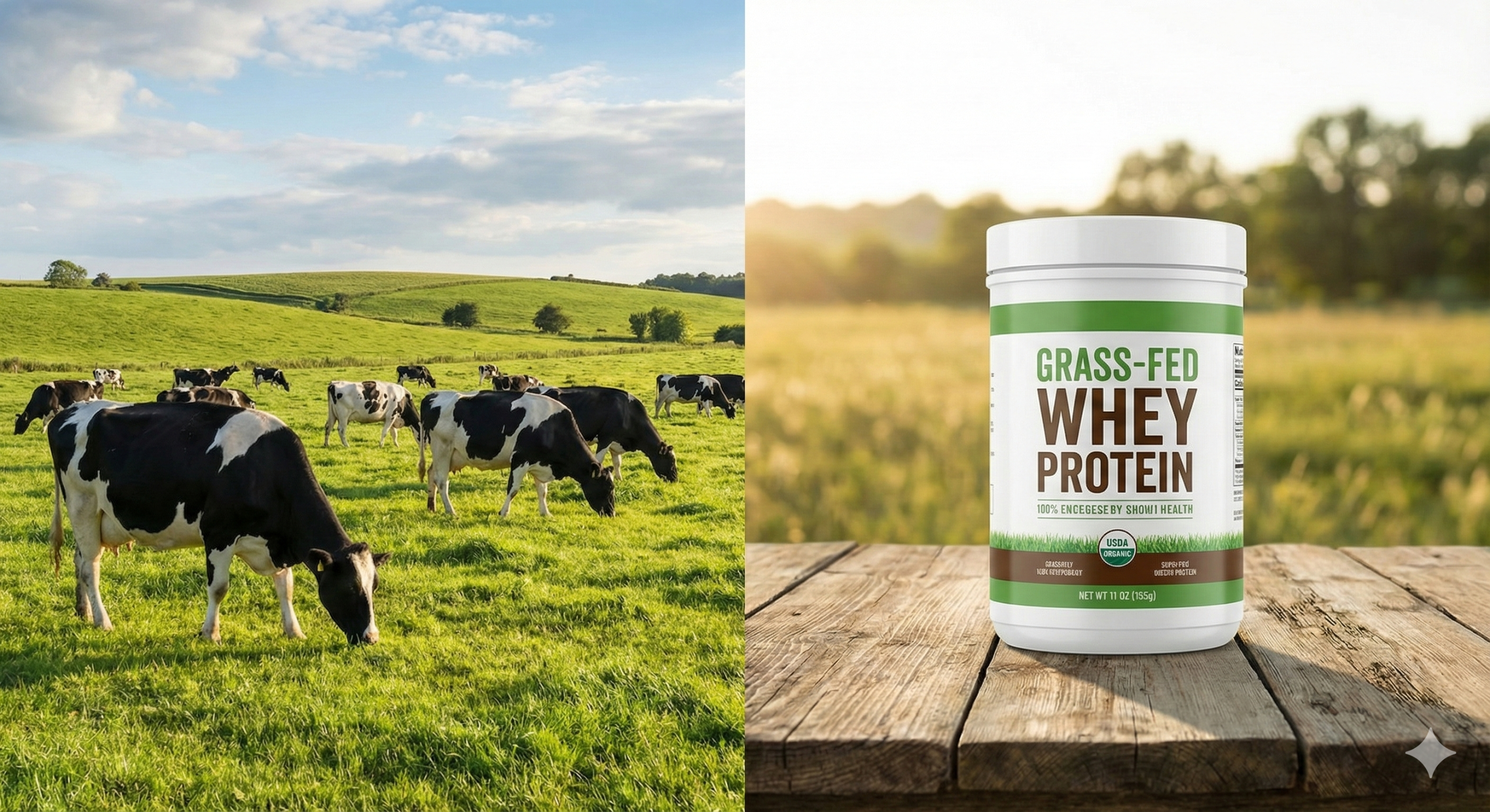 Vacas en una imagen pastando al lado de un bote de proteína.