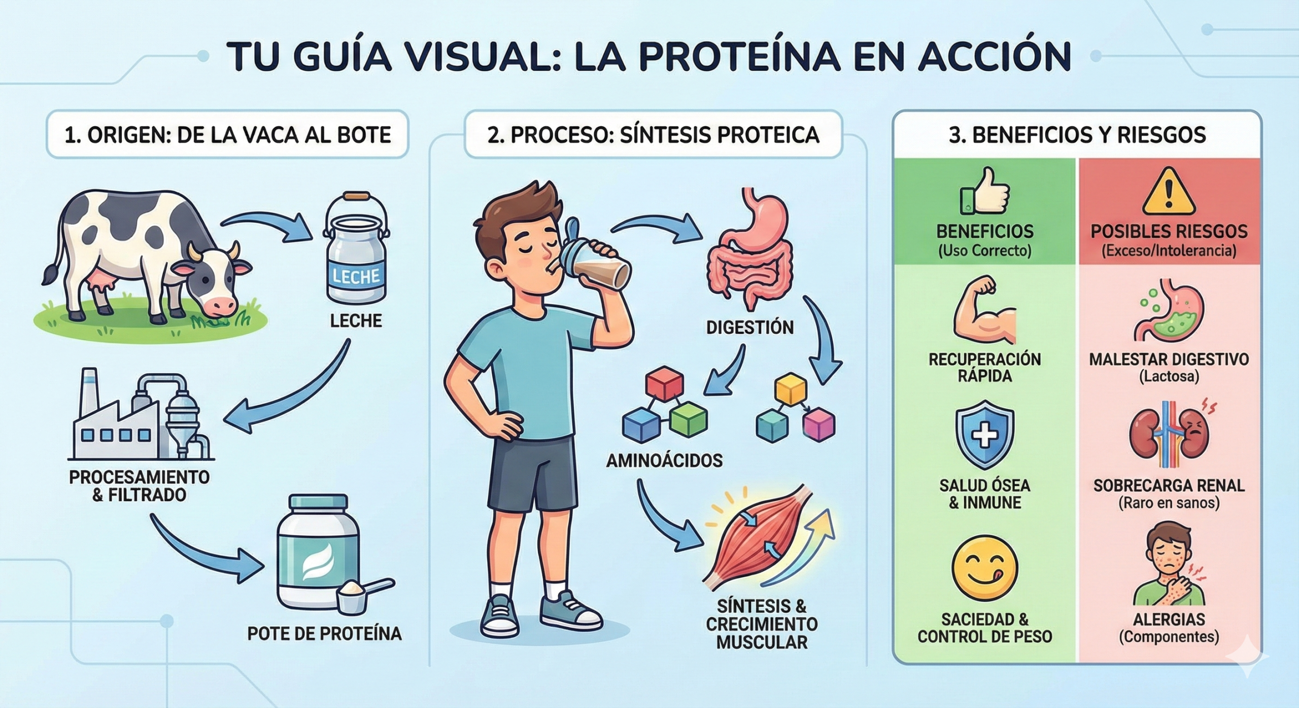 Impacto del uso de la proteína en el organismo humano y la cadena de creación de la misma. Infográficos.