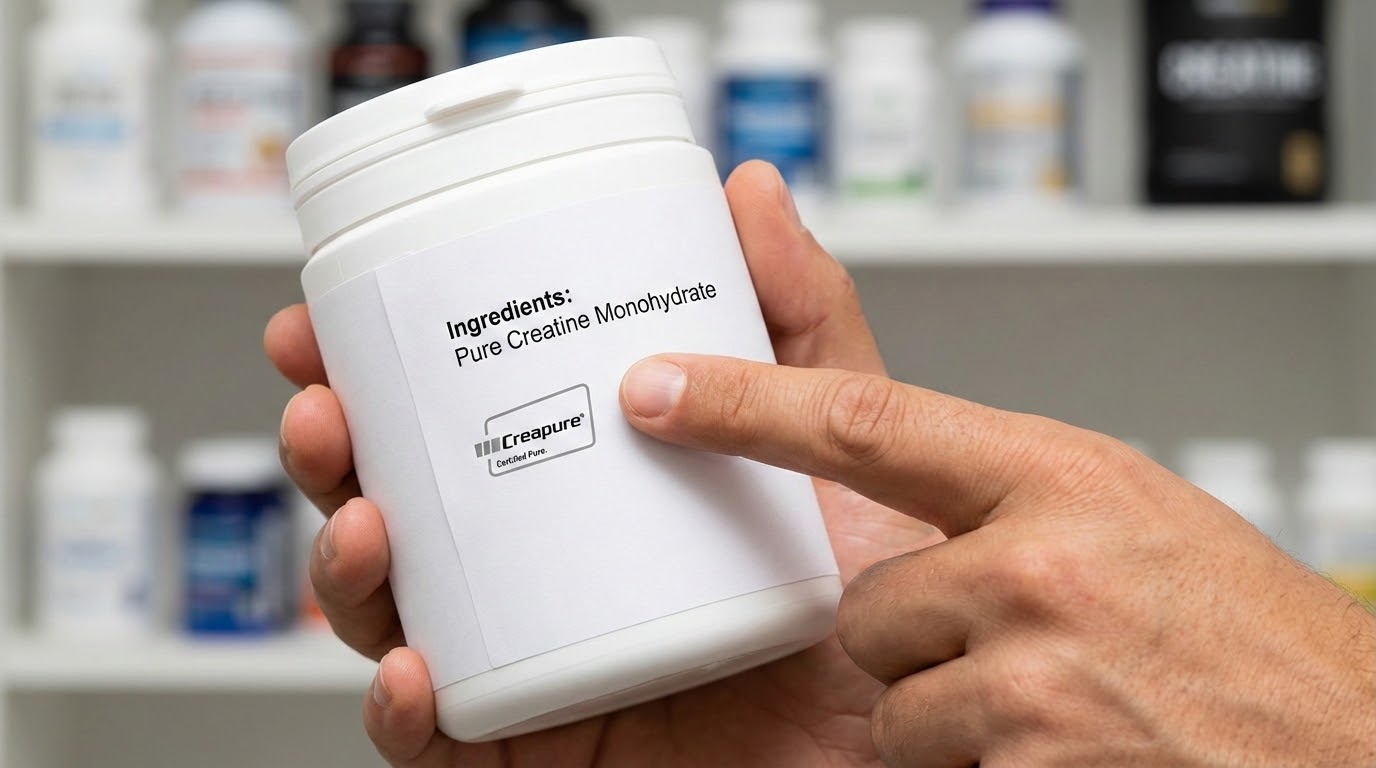 Persona mostrando los ingredientes de la creatina en un bote con su dedo