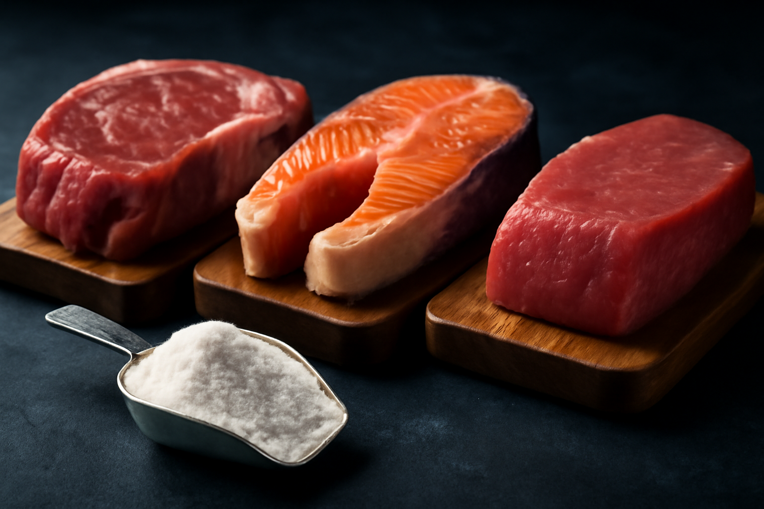 Comparativa de cortes de carne con creatina: ribeye de res, salmón y cerdo magro sobre tablas de madera