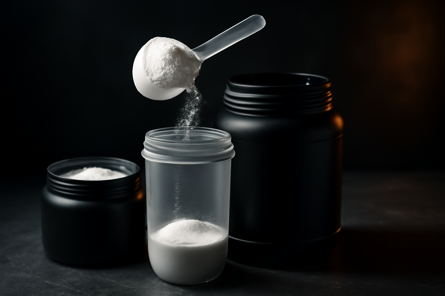 Cuchara de creatina monohidratada cayendo dentro de un shaker de gimnasio