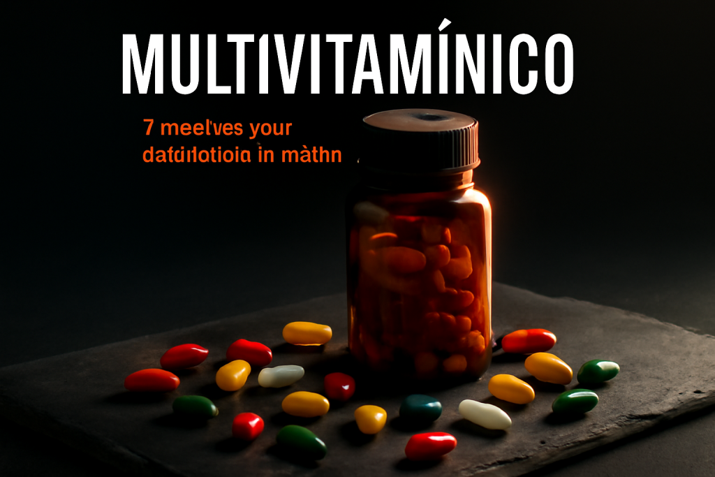 Frasco de multivitamínico ámbar rodeado de cápsulas vitamínicas coloridas sobre fondo oscuro