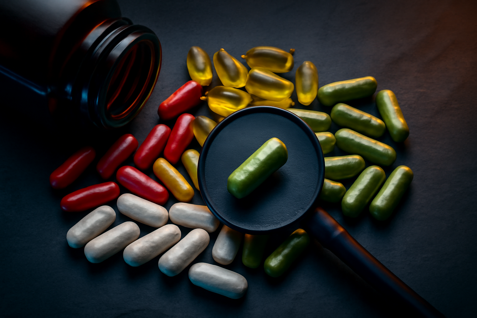 Cápsulas de multivitamínico organizadas por color sobre superficie oscura con lupa