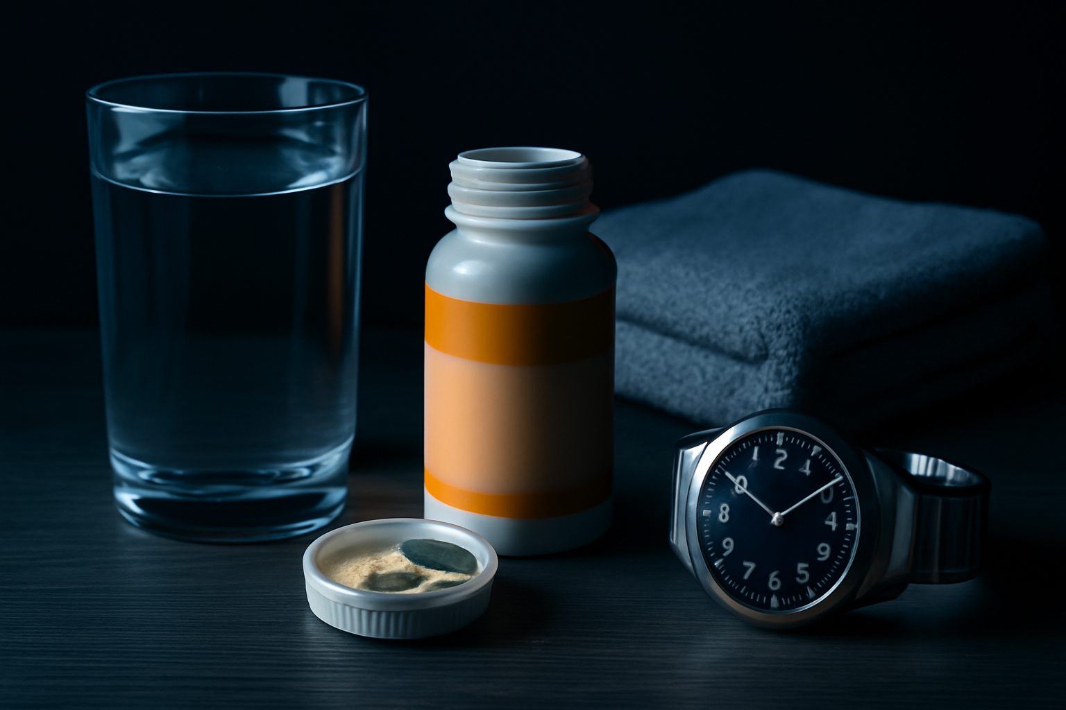 Mesa de noche con vaso de agua, pastillero abierto con multivitamínico y reloj al amanecer