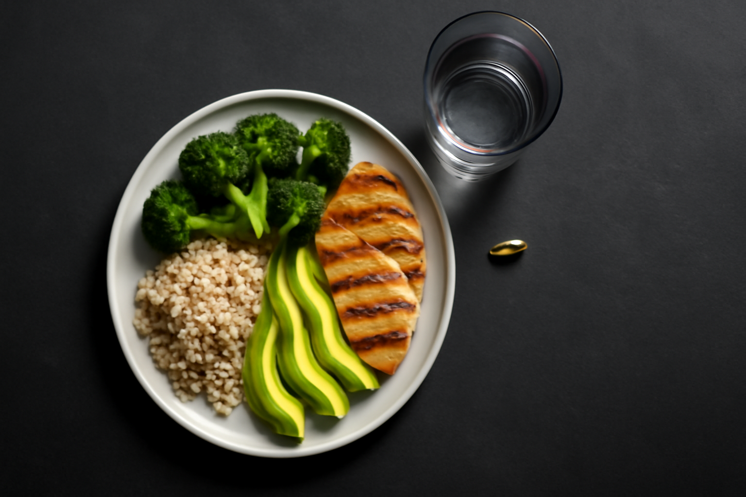 Plato balanceado con pollo, arroz, brócoli, aguacate, multivitamínico y vaso de agua