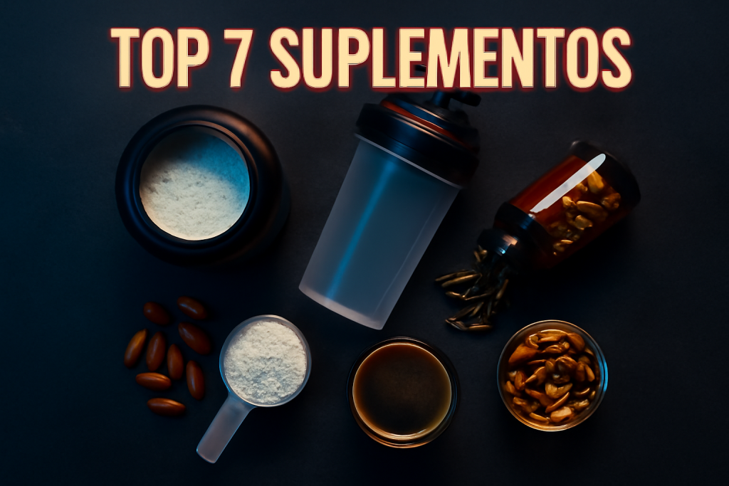 7 suplementos para rendimiento deportivo: creatina, whey, cafeína y otros sobre fondo oscuro