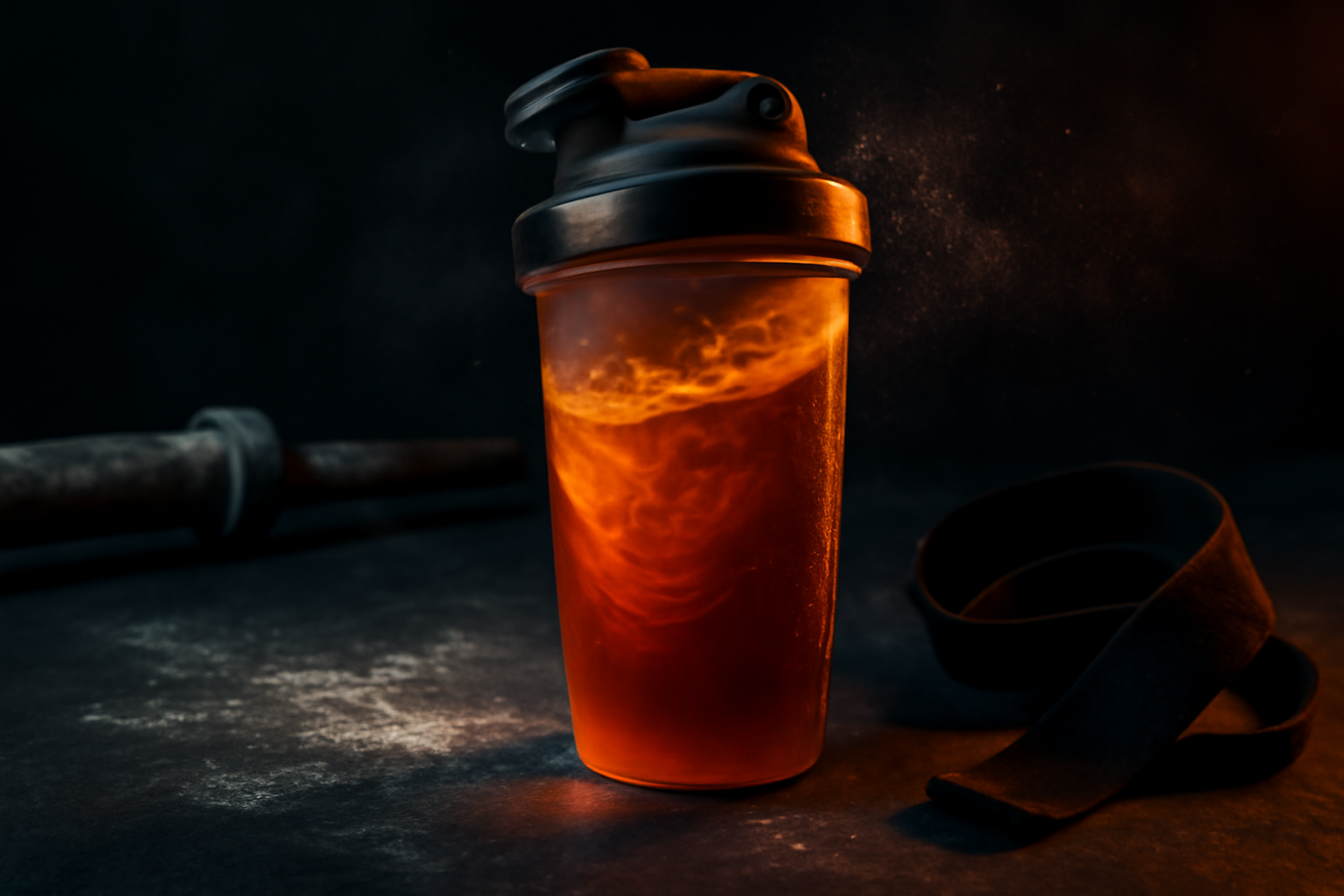 Shaker de gimnasio con pre-entreno naranja junto a barra de pesas y straps