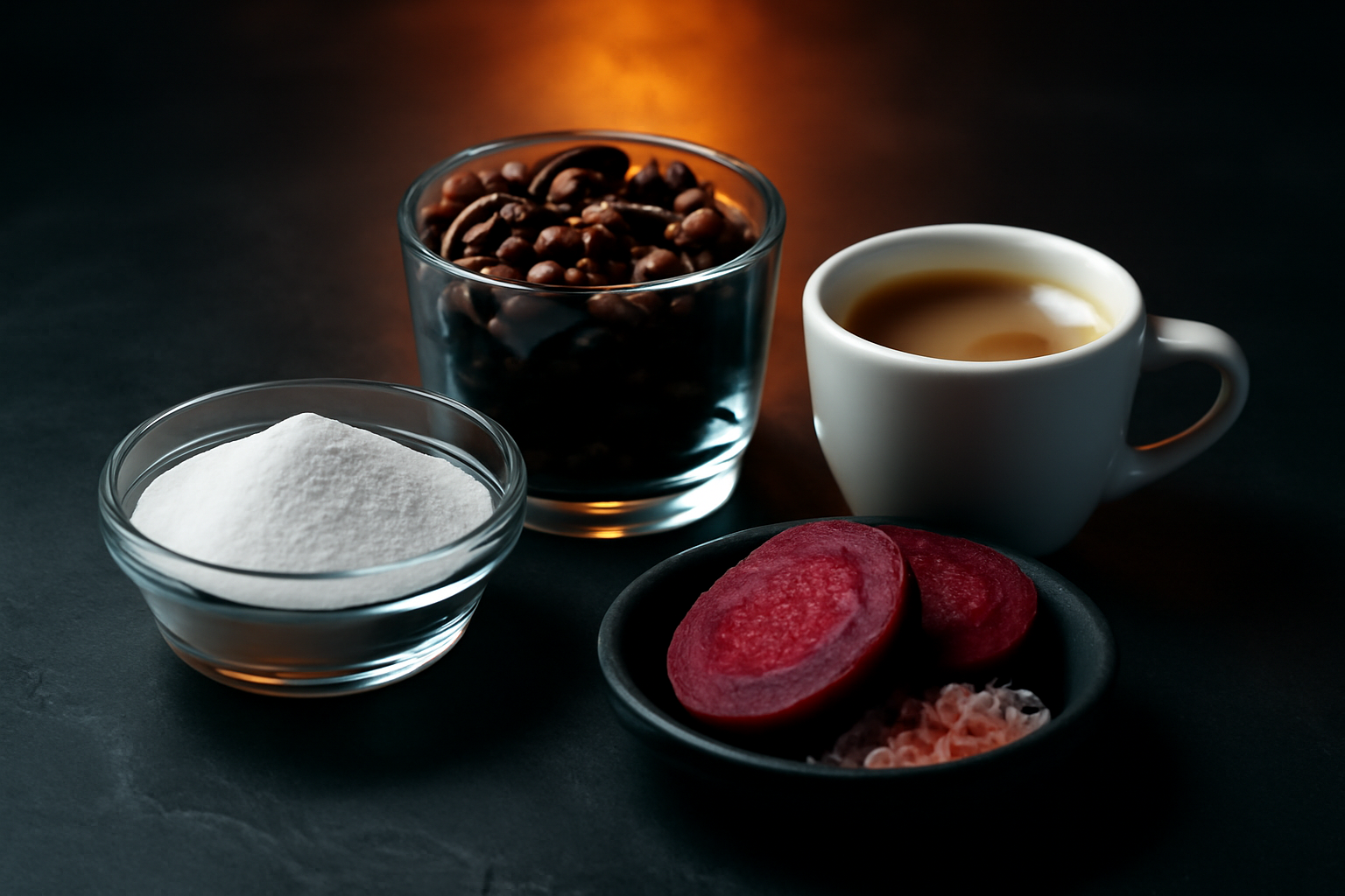 Ingredientes naturales pre-workout: granos de café, citrulina en polvo y remolacha