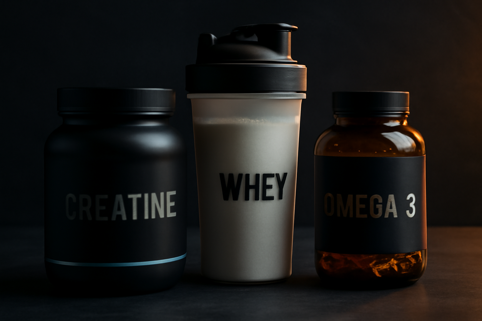 Tres frascos esenciales de suplementos deportivos: creatina, proteína whey y omega-3