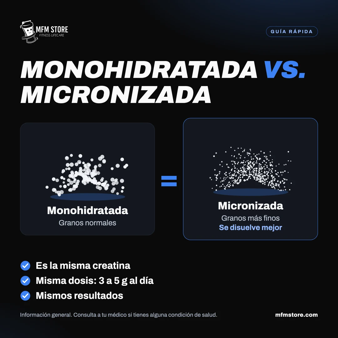 Infografía: la creatina monohidratada y la micronizada son la misma creatina, con la misma dosis de 3 a 5 g al día y los mismos resultados.