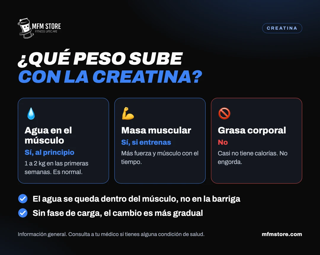 Infografía: con la creatina sube el agua en el músculo y la masa muscular si entrenas, pero no la grasa corporal.